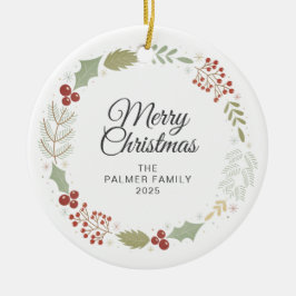 Ornamento De Cerâmica Foto da família Floral Christmas Wreath