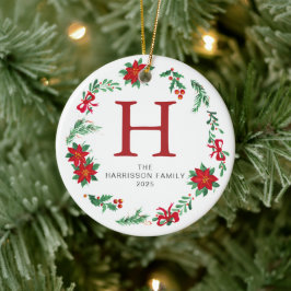 Ornamento De Cerâmica Foto da família Floral Christmas Wreath Monogramme