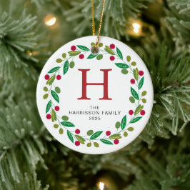 Ornamento De Cerâmica Foto da família Floral Christmas Wreath Monogramme
