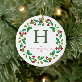 Ornamento De Cerâmica Foto da família Floral Christmas Wreath Monogramme