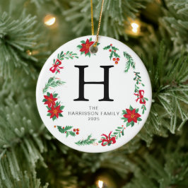 Ornamento De Cerâmica Foto da família Floral Christmas Wreath Monogramme