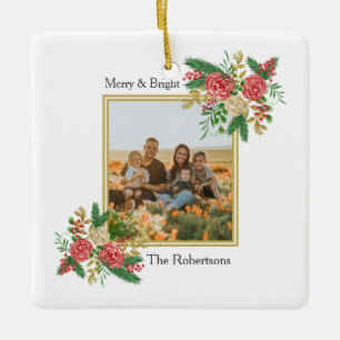 Ornamento De Cerâmica Foto da família Floral feliz e Brilhante