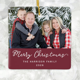 Ornamento De Cerâmica Foto da Família Moderna Burgundy Feliz Natal