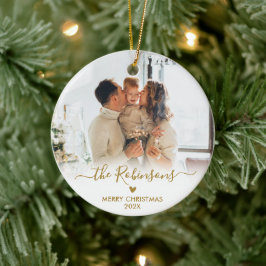 Ornamento De Cerâmica Foto da família moderna de script Dourado Feliz Na