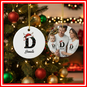Ornamento De Cerâmica Foto da Família Monograma de Natal com Chifre e Ch