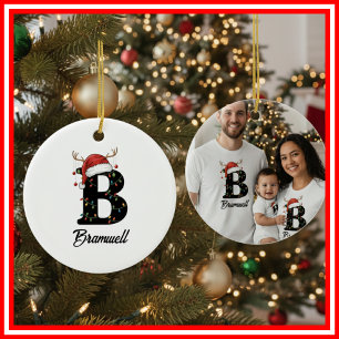Ornamento De Cerâmica Foto da Família Monograma de Natal com Chifre e Ch