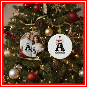 Ornamento De Cerâmica Foto da Família Monograma de Natal com Chifre e Ch