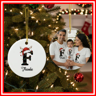 Ornamento De Cerâmica Foto da Família Monograma de Natal com Chifre e Ch