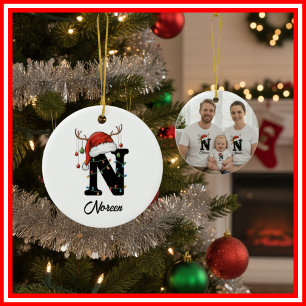 Ornamento De Cerâmica Foto da Família Monograma de Natal com Chifre e Ch