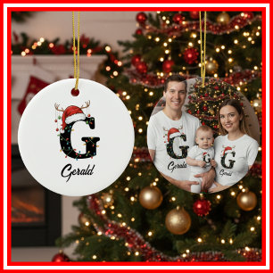 Ornamento De Cerâmica Foto da Família Monograma de Natal com Chifre e Ch