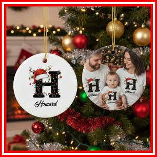 Ornamento De Cerâmica Foto da Família Monograma de Natal com Chifre e Ch