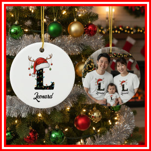 Ornamento De Cerâmica Foto da Família Monograma de Natal com Chifre e Ch