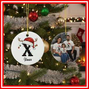 Ornamento De Cerâmica Foto da Família Monograma de Natal com Chifre e Ch
