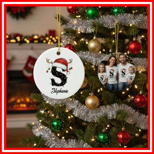 Ornamento De Cerâmica Foto da Família Monograma de Natal com Chifre e Ch
