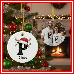 Ornamento De Cerâmica Foto da Família Monograma de Natal com Chifre e Ch