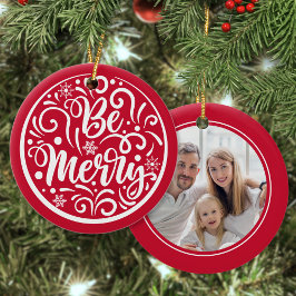 Ornamento De Cerâmica Foto da família personalizada: feliz Natal vermelh