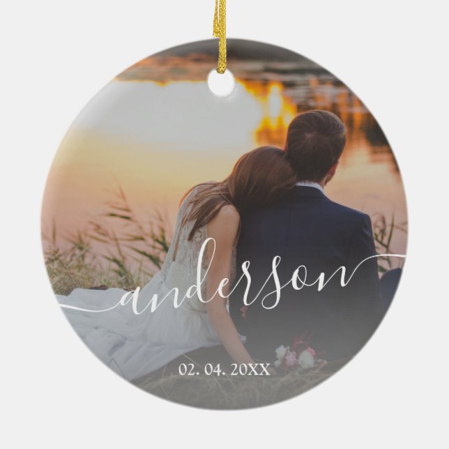 Ornamento De Cerâmica Foto da família personalizada mínima elegante (Traseira)