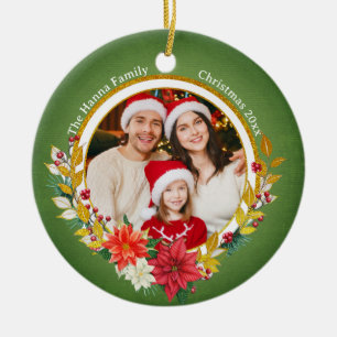 Ornamento De Cerâmica Foto da Família & Poinsettia Presente Feliz Natal