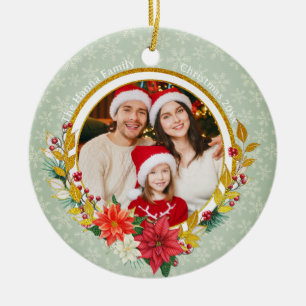 Ornamento De Cerâmica Foto da Família & Poinsettia Presente Feliz Natal