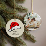 Ornamento De Cerâmica Foto da Família Red Santa Hat com Cores Watercolor<br><div class="desc">Uma recordação festiva do ano com um Santa Hat vermelho brilhante,  pintado de mão lúcida,  na frente,  com seus detalhes e sua foto de família no verso.</div>