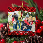 Ornamento De Cerâmica Foto da família Red Xadrez Tartan Christmas 2<br><div class="desc">Um padrão clássico de tartan vermelho-xadrez por trás de sua colagem vertical de fotos da família de duas férias para um Enfeites de natal festivo e tradicional. Um presente de Natal simples e bonito que inclui duas fotografias.</div>