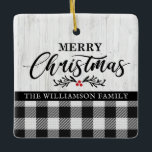 Ornamento De Cerâmica Foto da família rustic Felry Christmas Buffalo Xad<br><div class="desc">Ornament cerâmico da família de Xadrezes de Buffalo, feliz Natal, com Feliz Natal e a sua foto da família de preciosos. Nosso ornamento personalizado apresenta bonito inscrição em script, um fundo branco de madeira e xadrez vermelha e negra de búfalos. Nosso modelo de ornamento torna tão fácil para você personalizar...</div>