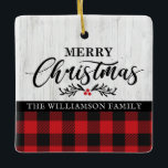 Ornamento De Cerâmica Foto da família rustic Felry Christmas Buffalo Xad<br><div class="desc">Ornament cerâmico da família de Xadrezes de Buffalo, feliz Natal, com Feliz Natal e a sua foto da família de preciosos. Nosso ornamento personalizado apresenta bonito inscrição em script, um fundo branco de madeira e xadrez vermelha e negra de búfalos. Nosso modelo de ornamento torna tão fácil para você personalizar...</div>