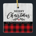 Ornamento De Cerâmica Foto da família rustic Felry Christmas Buffalo Xad<br><div class="desc">Ornament cerâmico da família de Xadrezes de Buffalo, feliz Natal, com Feliz Natal e a sua foto da família de preciosos. Nosso ornamento personalizado apresenta bonito inscrição em script, um fundo branco de madeira e xadrez vermelha e negra de búfalos. Nosso modelo de ornamento torna tão fácil para você personalizar...</div>