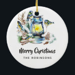 Ornamento De Cerâmica Foto da família Watercolor Christmas Lantern<br><div class="desc">Enfeites de natal com uma lanterna,  pássaros,  cones e pínus personalizáveis de acordo com as suas especificações de evento.</div>