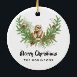 Ornamento De Cerâmica Foto da Família Watercolor Christmas Owl<br><div class="desc">Enfeites de natal com uma coruja fofinha,  verde,  briar,  cones e pínus personalizáveis para seus eventos específicos.</div>