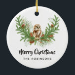 Ornamento De Cerâmica Foto da Família Watercolor Christmas Owl<br><div class="desc">Enfeites de natal com uma coruja fofinha,  verde,  briar,  cones e pínus personalizáveis para seus eventos específicos.</div>