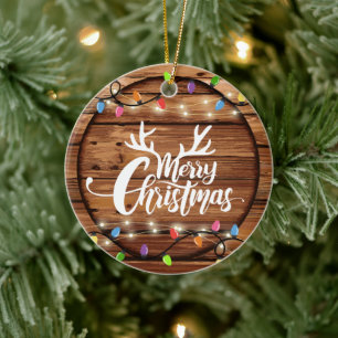 Ornamento De Cerâmica Foto Da Família Wooden Rustic Christmas Light Scri