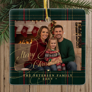 Ornamento De Cerâmica Foto da família xadrez tartan clássico Feliz Natal