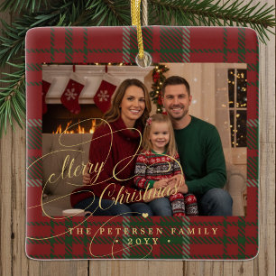 Ornamento De Cerâmica Foto da família xadrez tartan clássico Feliz Natal