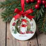 Ornamento De Cerâmica Foto da Fazenda da árvore de Natais vintages festi<br><div class="desc">Celebre a época mágica e festiva de feriado com nosso ornamento de fotos de feriado personalizado. A nossa design de natal de Natal apresenta uma paisagem de fazenda de árvores de Natal, este padrão de Natal incorpora uma cena de Natal fazenda com uma fazenda, um celeiro vermelho, crianças brincando e...</div>