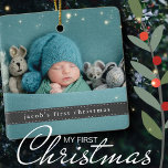 Ornamento De Cerâmica Foto da Fita Moderna de Natal do Bebê<br><div class="desc">Estilo de Friso Escuro com ponto branco. Adicione uma foto personalizada do seu bebê para a primeira comemoração de Natal do bebê.</div>