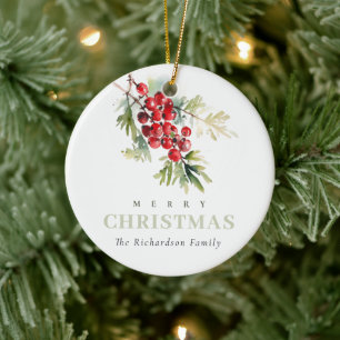 Ornamento De Cerâmica Foto da Folhagem de Natal Red Berry Fir Winter