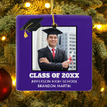 Ornamento De Cerâmica Foto da Graduação do Mais velho Púrpura Personaliz<br><div class="desc">Este Enfeites de natal de formando roxo personalizado apresenta a sua fotografia de graduação debaixo de um boné de formando preto. Personalize com o seu ano de aula,  a escola,  e dê o nome de um presente de excelente para um estudante de pós-graduação.</div>