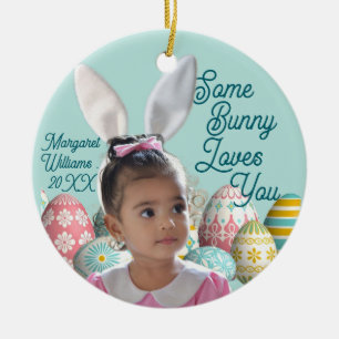 Ornamento De Cerâmica Foto da Menina com Orelhas de Coelho Personalizáve