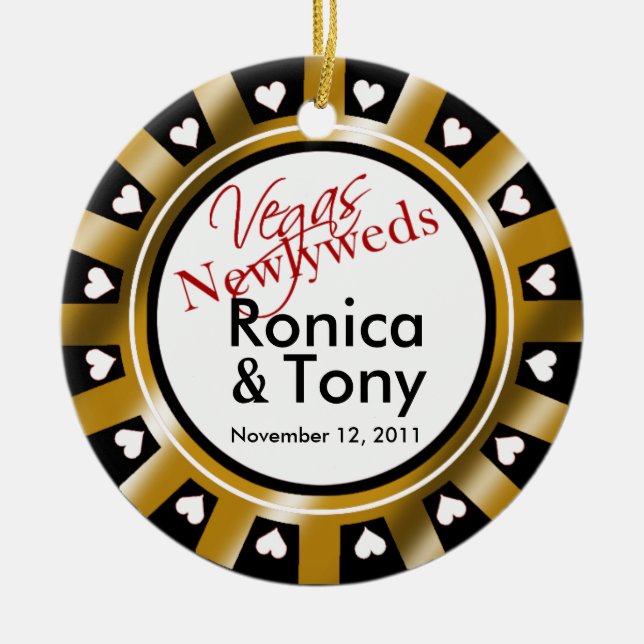 Ornamento De Cerâmica Foto da microplaqueta do casino dos Newlyweds de (Frente)