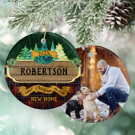 Ornamento De Cerâmica Foto da nova família doméstica rustic Wood Christm