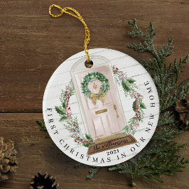 Ornamento De Cerâmica Foto da Porta de Aquarela Rosa-Rosa Natal