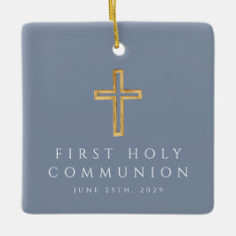 Ornamento De Cerâmica Foto da Primeira Comunhão da Cruz Religiosa Azul
