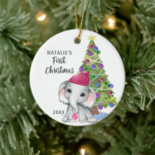 Ornamento De Cerâmica Foto da primeira menina de Natal com elefante