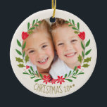 Ornamento De Cerâmica Foto da Wreath de Natal<br><div class="desc">Frente com a coroa - costas com o padrão de natal Cute design nos fundos com símbolos da natureza desenhados à mão,  homens de neve,  renas,  Holly,  neve, </div>