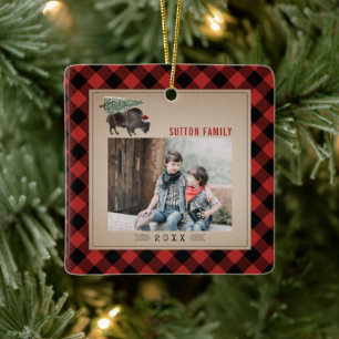Ornamento De Cerâmica Foto da Xadrez Vermelha da Árvore de Natal Buffal