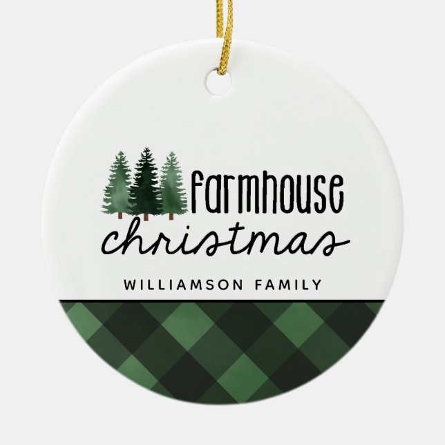 Ornamento De Cerâmica Foto da Xadrez Vermelha de Natal da Casa Farmada r (Frente)