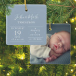 Ornamento De Cerâmica Foto das Estatísticas de Nascimento do Bebê Azul D<br><div class="desc">Personalize com o nome do bebê e as estatísticas de natalidade e foto especial no verso. Uma encantadora lembrança para celebrar sua nova chegada! Projetado por Thisnotme©</div>