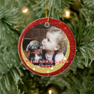 Ornamento De Cerâmica Foto de 1º Natal do Bebê com Pet Vermelho e Dourad