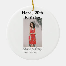 Ornamento De Cerâmica Foto de 20 de aniversário feliz, simples e simples